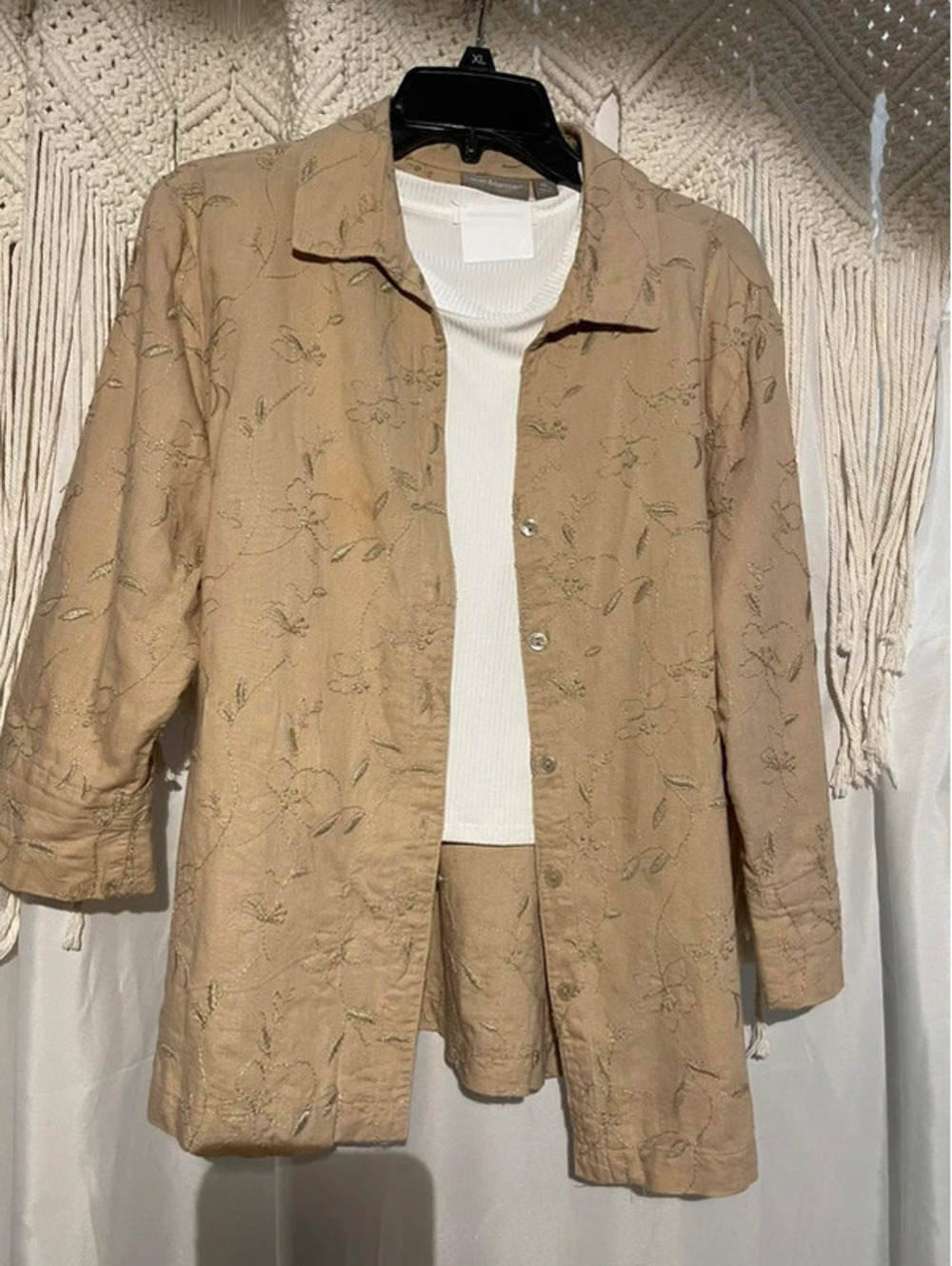 Linen blend embroidered Tan button up shirt